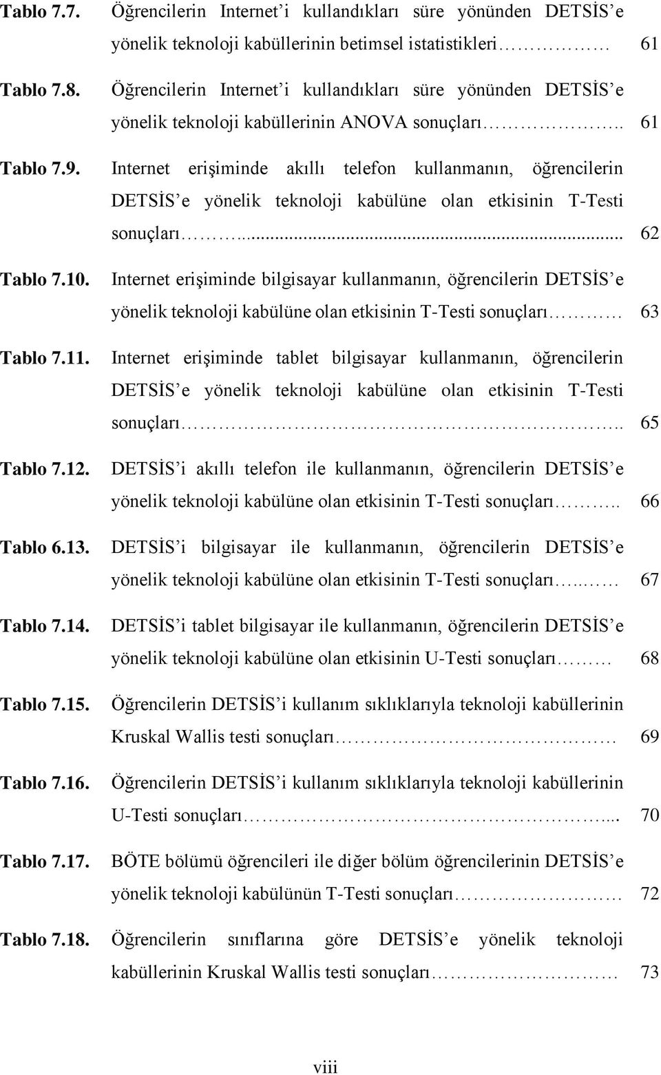 kabüllerinin ANOVA sonuçları.. 61 Internet erişiminde akıllı telefon kullanmanın, öğrencilerin DETSİS e yönelik teknoloji kabülüne olan etkisinin T-Testi sonuçları.