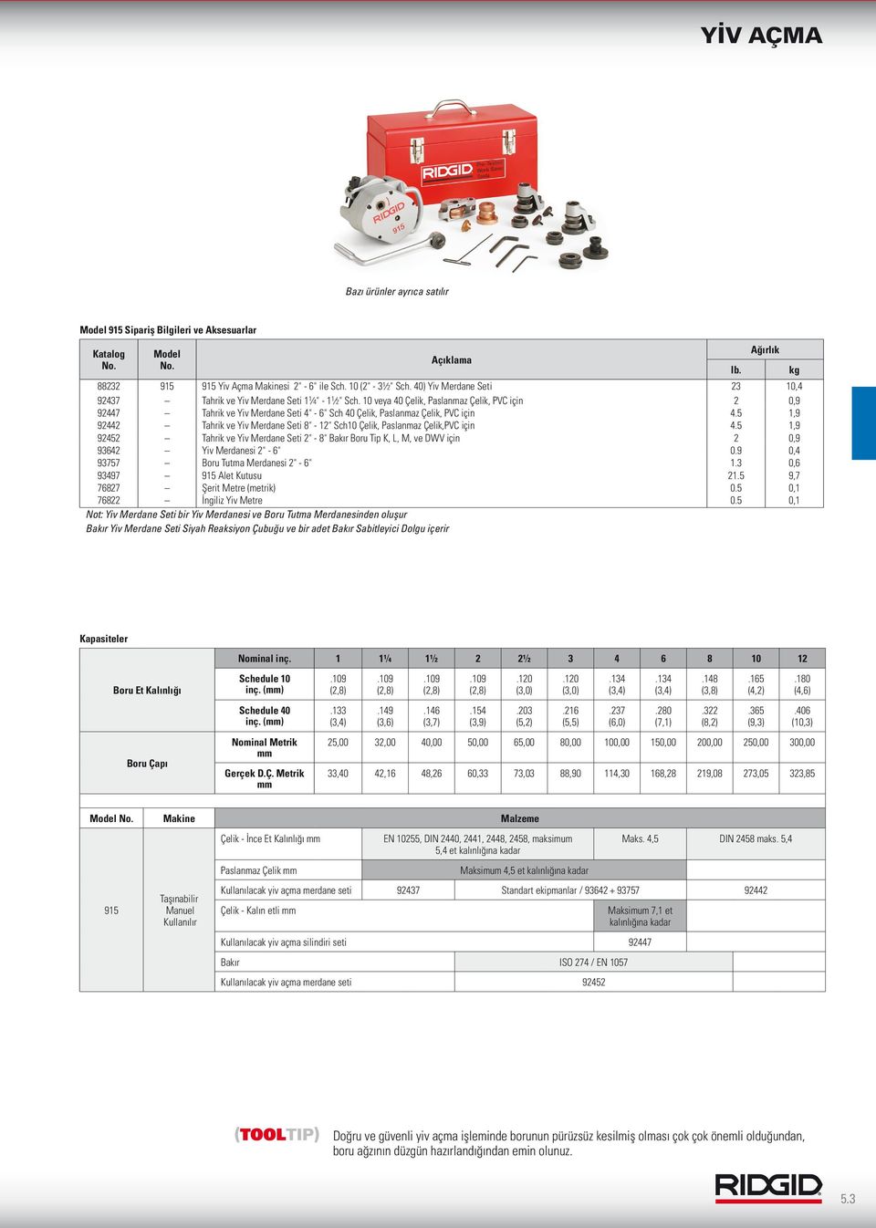 10 veya 40 Çelik, Paslanmaz Çelik, PVC için 2 0,9 92447 Tahrik ve Yiv Merdane Seti 4" - 6" Sch 40 Çelik, Paslanmaz Çelik, PVC için 4.