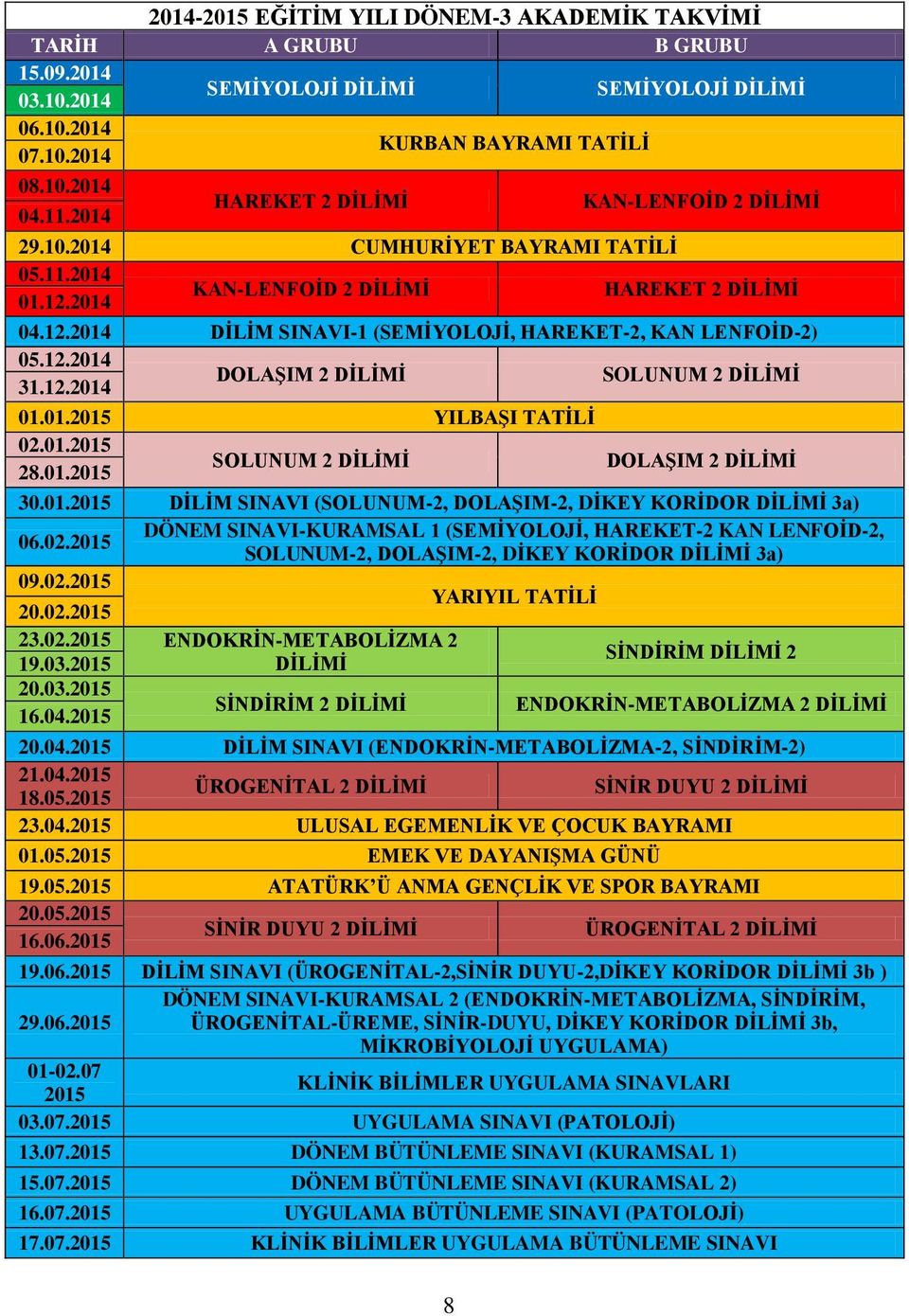 12.2014 DOLAŞIM 2 DİLİMİ SOLUNUM 2 DİLİMİ 31.12.2014 01.01.2015 YILBAŞI TATİLİ 02.01.2015 SOLUNUM 2 DİLİMİ DOLAŞIM 2 DİLİMİ 28.01.2015 30.01.2015 DİLİM SINAVI (SOLUNUM-2, DOLAŞIM-2, DİKEY KORİDOR DİLİMİ 3a) 06.