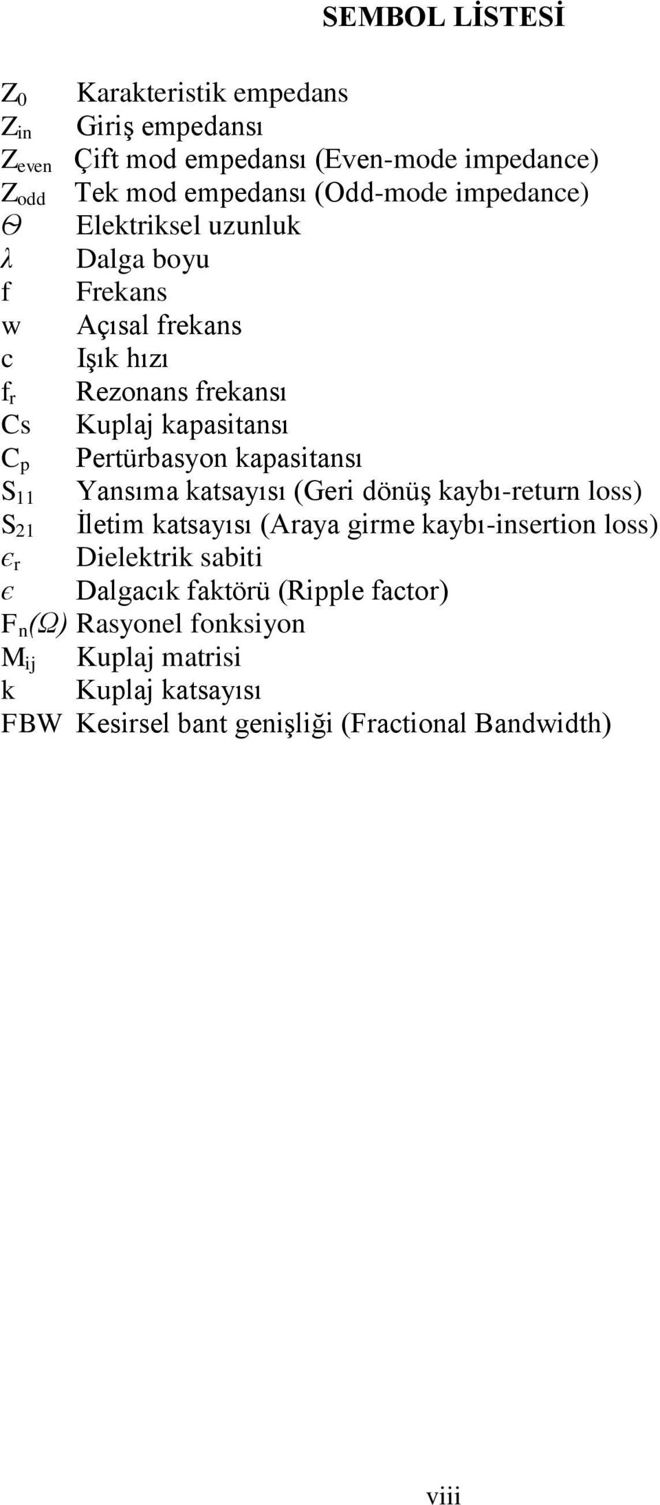 kapasitansı S 11 Yansıma katsayısı (Geri dönüş kaybı-return loss) S 21 İletim katsayısı (Araya girme kaybı-insertion loss) є r Dielektrik sabiti є