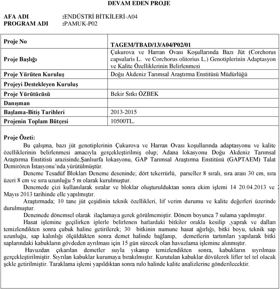 ) Genotiplerinin Adaptasyon ve Kalite Özelliklerinin Belirlenmesi Doğu Akdeniz Tarımsal Araştırma Enstitüsü Müdürlüğü Bekir Sıtkı ÖZBEK Başlama-Bitiş Tarihleri 2013-2015 Projenin Toplam Bütçesi