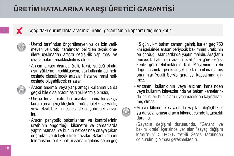 kullanılması neticesinde oluşabilecek arızalar, hata ve ihmal neticesinde oluşabilecek arızalar Aracın anormal veya yarış amaçlı kullanımı ya da geçici bile olsa aracın aşırı yüklenmiş olması,