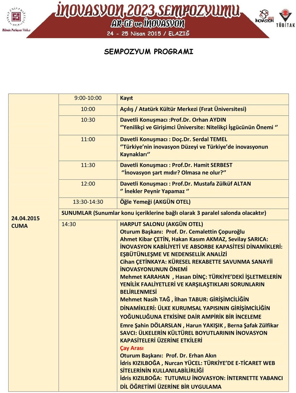 Serdal TEMEL Türkiye nin inovasyon Düzeyi ve Türkiye de inovasyonun Kaynakları 11:30 Davetli Konuşmacı : Prof.Dr.