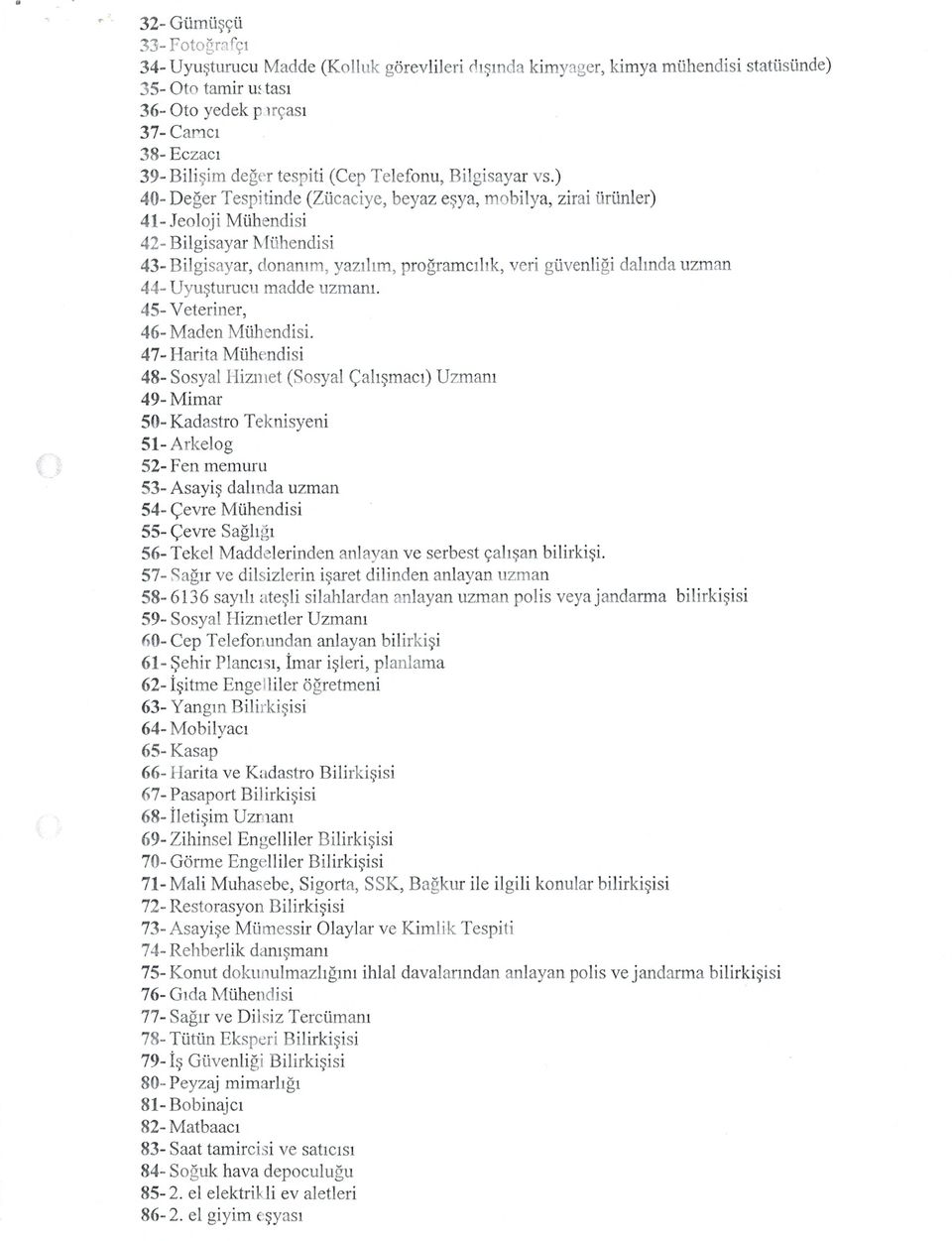 ) 40- Deger Tespitinde (Zucaciye, beyaz eya, mobilya, zirai urunler) 41- Jeoloji MUhendisi 42- Bilgisayar MUhendisi 43- Bilgisayar, donanim, yazilim, programcihk, veri guvenligi dalinda uzman 44-