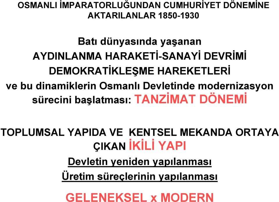 Devletinde modernizasyon sürecini başlatması: TANZİMAT DÖNEMİ TOPLUMSAL YAPIDA VE KENTSEL