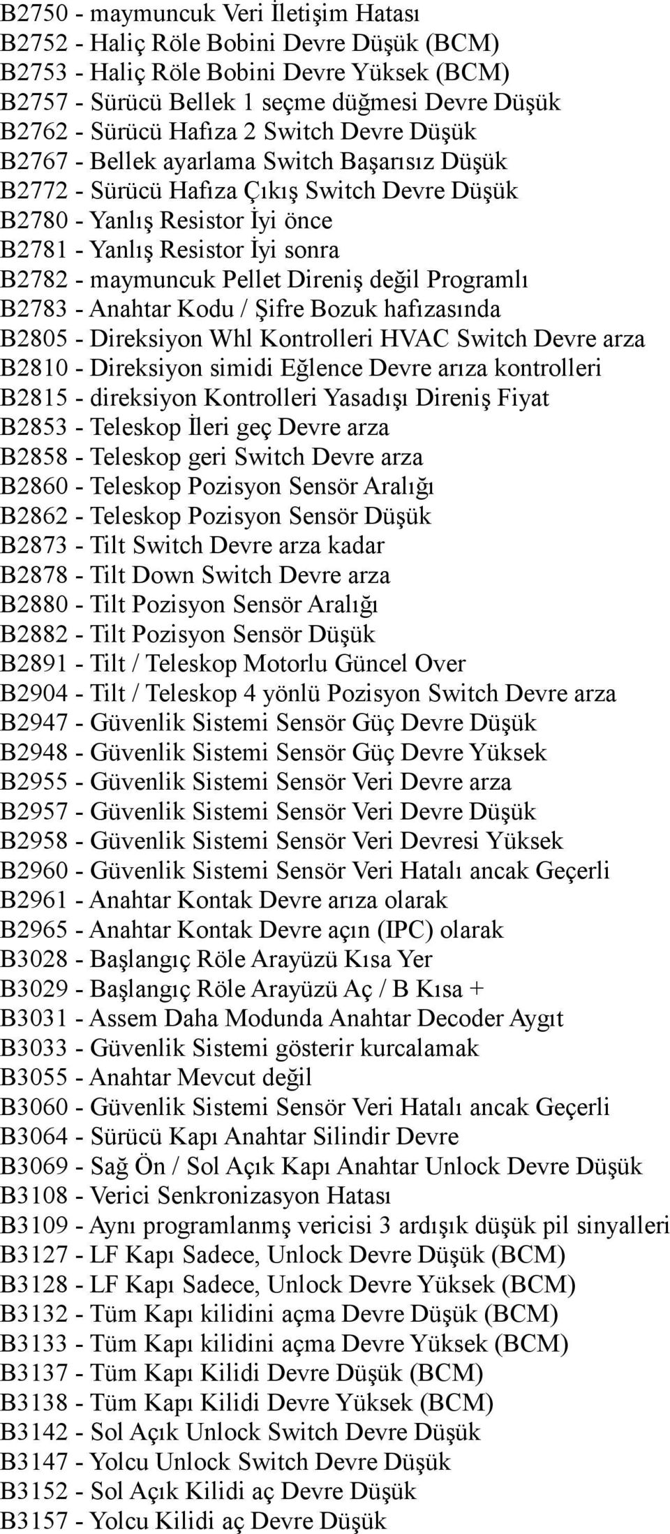 Pellet Direniş değil Programlı B2783 - Anahtar Kodu / Şifre Bozuk hafızasında B2805 - Direksiyon Whl Kontrolleri HVAC Switch Devre arza B2810 - Direksiyon simidi Eğlence Devre arıza kontrolleri B2815