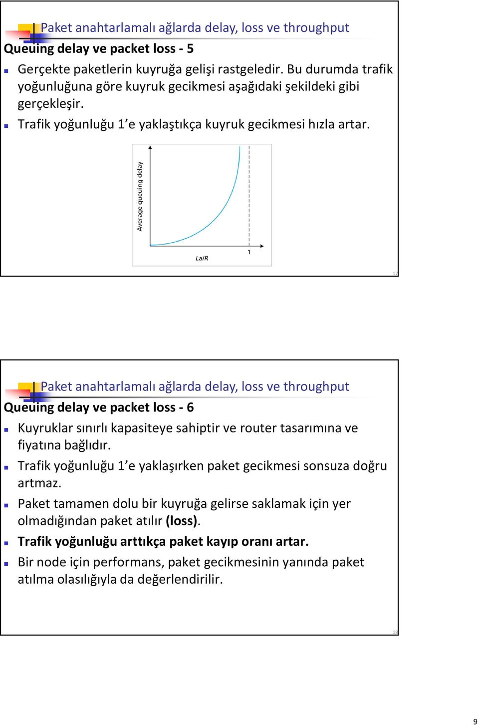 17 Paket anahtarlamalı ağlarda delay, loss ve throughput Queuing delay ve packet loss - 6 Kuyruklar sınırlı kapasiteye sahiptir ve router tasarımına ve fiyatına bağlıdır.