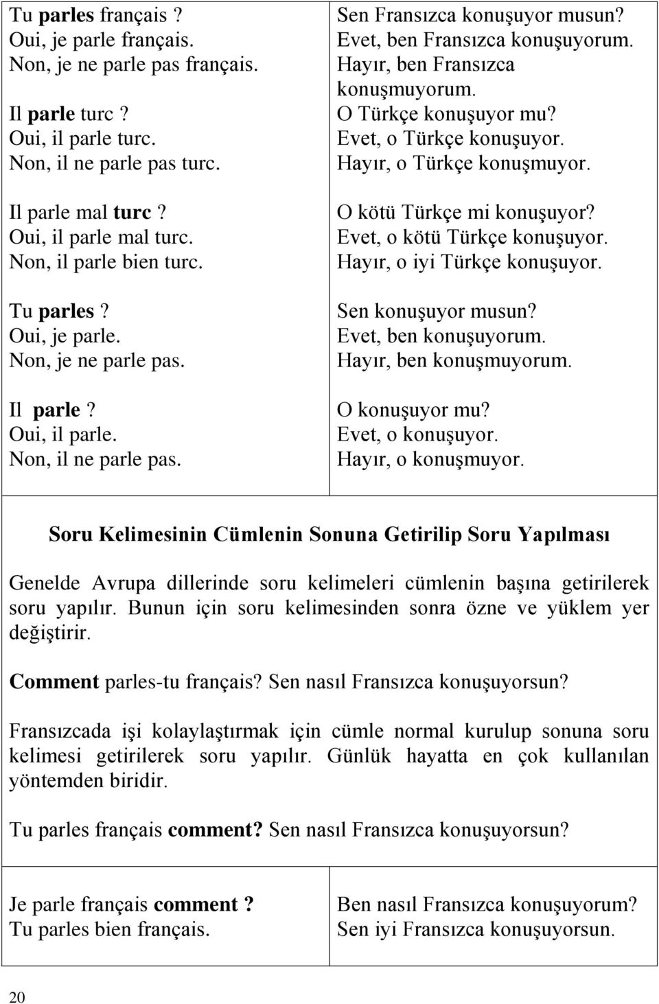 Hayır, ben Fransızca konuşmuyorum. O Türkçe konuşuyor mu? Evet, o Türkçe konuşuyor. Hayır, o Türkçe konuşmuyor. O kötü Türkçe mi konuşuyor? Evet, o kötü Türkçe konuşuyor.