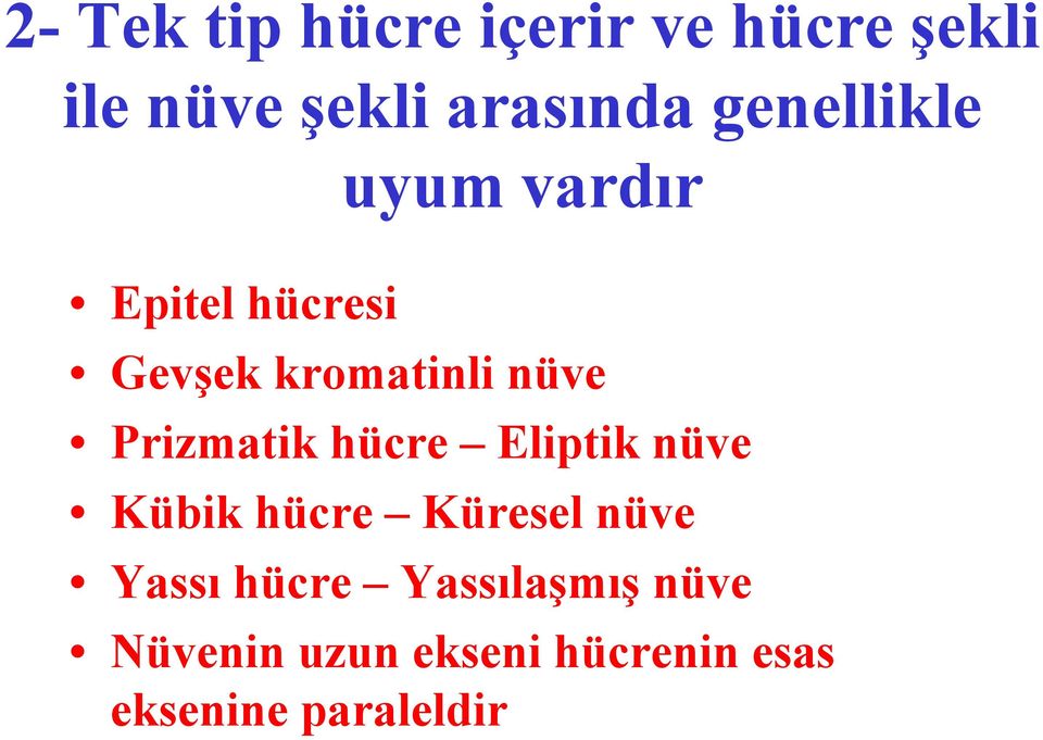 Prizmatik hücre Eliptik nüve Kübik hücre Küresel nüve Yassı