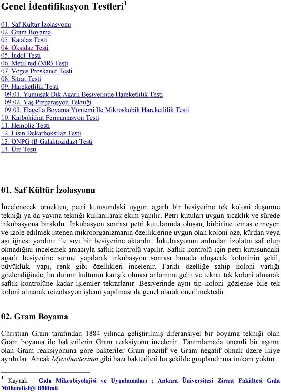 Karbohidrat Fermantasyon Testi 11. Hemoliz Testi 12. Lisin Dekarboksilaz Testi 13. ONPG (β-galaktozidaz) Testi 14. Üre Testi 01.