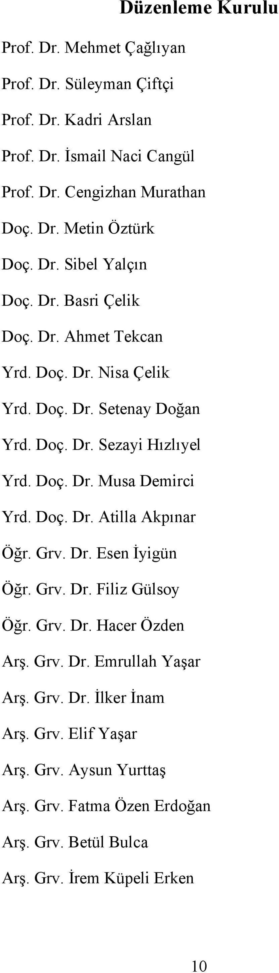 Doç. Dr. Atilla Akpınar Öğr. Grv. Dr. Esen İyigün Öğr. Grv. Dr. Filiz Gülsoy Öğr. Grv. Dr. Hacer Özden Arş. Grv. Dr. Emrullah Yaşar Arş. Grv. Dr. İlker İnam Arş.