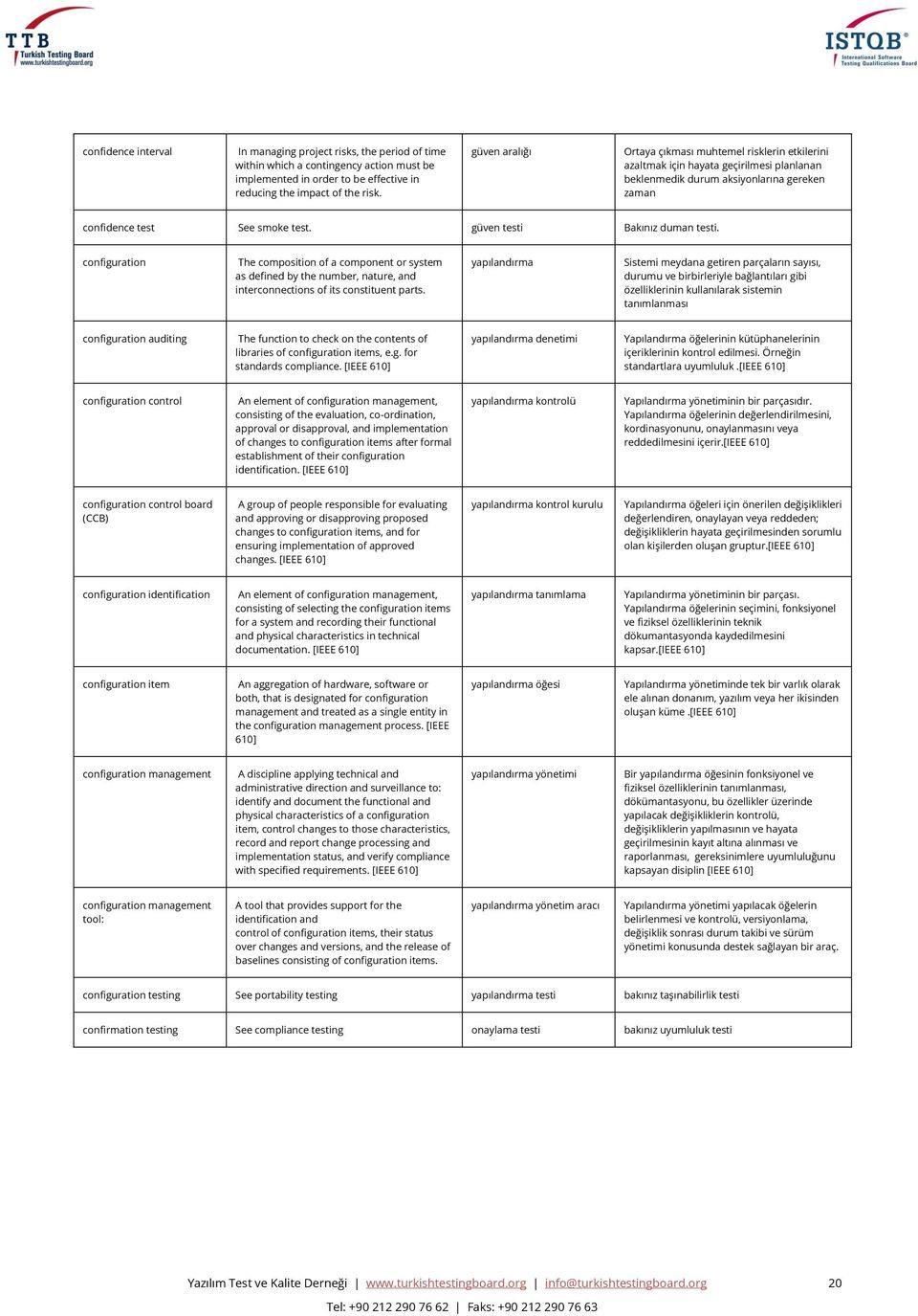 güven testi Bakınız duman testi. configuration The composition of a component or system as defined by the number, nature, and interconnections of its constituent parts.