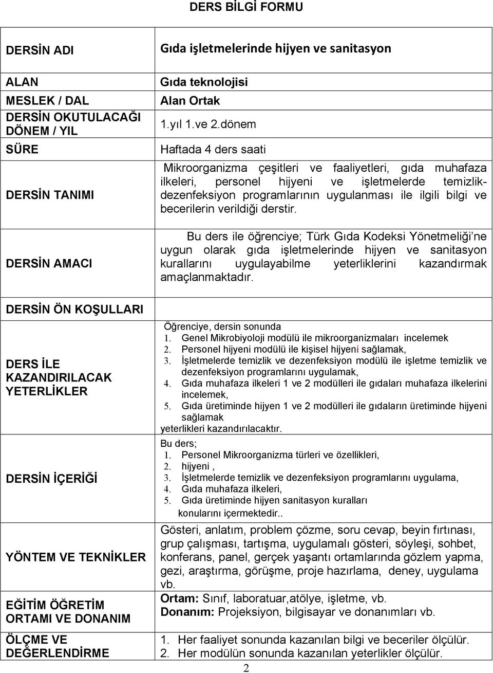 dönem Haftada 4 ders saati Mikroorganizma çeşitleri ve faaliyetleri, gıda muhafaza ilkeleri, personel hijyeni ve işletmelerde temizlikdezenfeksiyon programlarının uygulanması ile ilgili bilgi ve