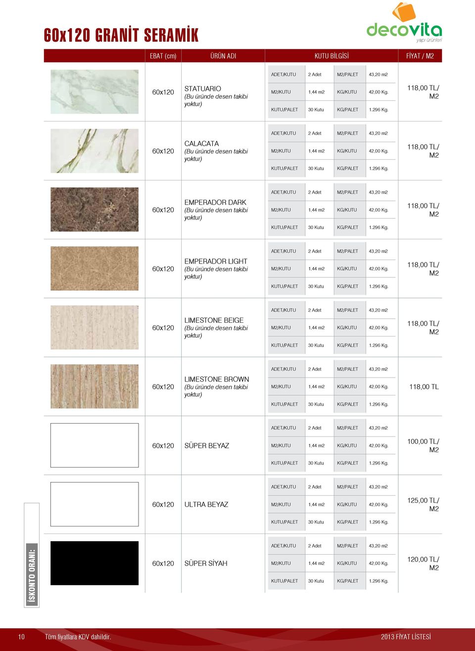 118,00 TL/ KUTU/PALET 30 Kutu KG/PALET 1.296 Kg. 2 Adet /PALET 43,20 m2 60x120 EMPERADOR LIGHT (Bu üründe desen takibi yoktur) /KUTU 1,44 m2 42,00 Kg. 118,00 TL/ KUTU/PALET 30 Kutu KG/PALET 1.296 Kg. 2 Adet /PALET 43,20 m2 60x120 LIMESTONE BEIGE (Bu üründe desen takibi yoktur) /KUTU 1,44 m2 42,00 Kg.