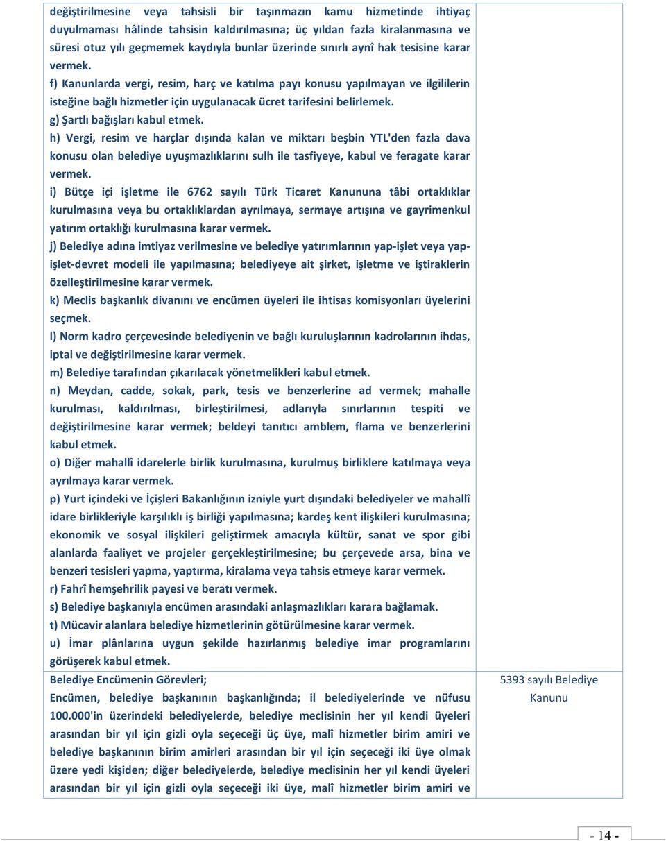 g) Şartlı bağışları kabul etmek. h) Vergi, resim ve harçlar dışında kalan ve miktarı beşbin YTL'den fazla dava konusu olan belediye uyuşmazlıklarını sulh ile tasfiyeye, kabul ve feragate karar vermek.