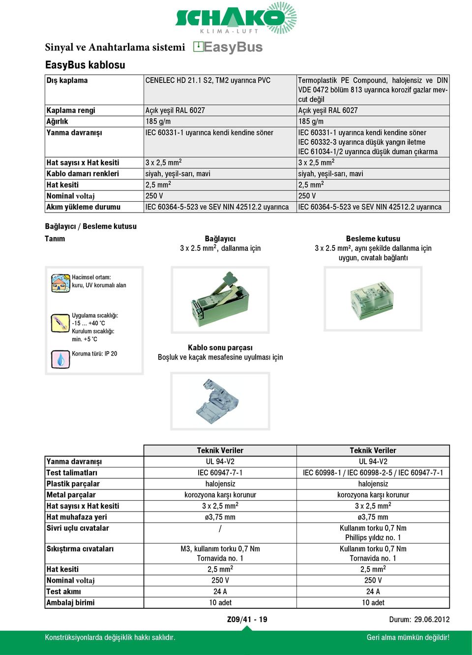 g/m Yanma davranışı IEC 60331-1 uyarınca kendi kendine söner IEC 60331-1 uyarınca kendi kendine söner IEC 60332-3 uyarınca düşük yangın iletme IEC 61034-1/2 uyarınca düşük duman çıkarma Hat sayısı x