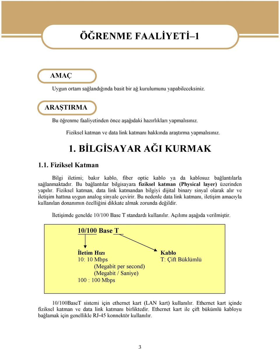 BİLGİSAYAR AĞI KURMAK Bilgi iletimi; bakır kablo, fiber optic kablo ya da kablosuz bağlantılarla sağlanmaktadır. Bu bağlantılar bilgisayara fiziksel katman (Physical layer) üzerinden yapılır.