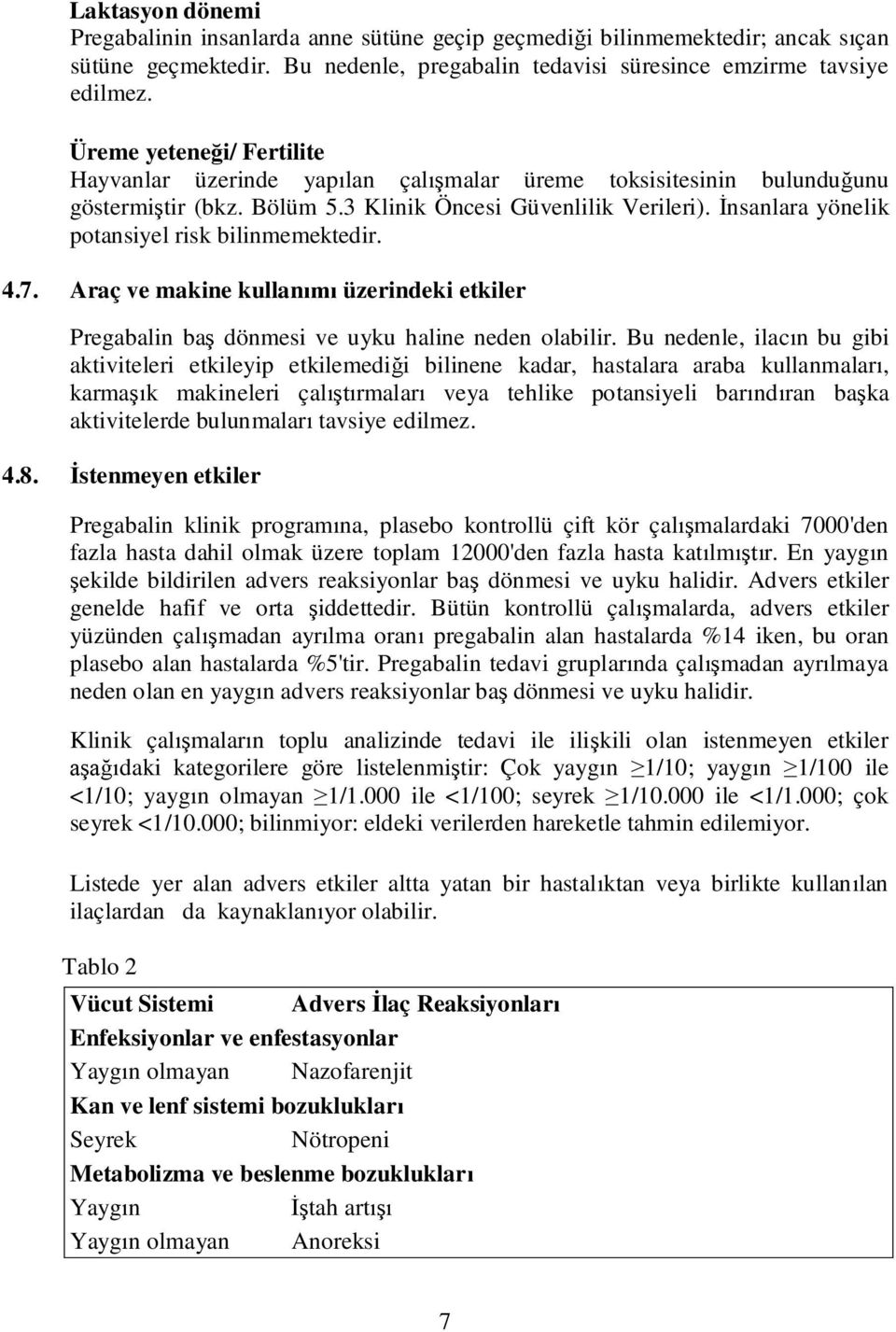 nsanlara yönelik potansiyel risk bilinmemektedir. 4.7. Araç ve makine kullan üzerindeki etkiler Pregabalin ba dönmesi ve uyku haline neden olabilir.