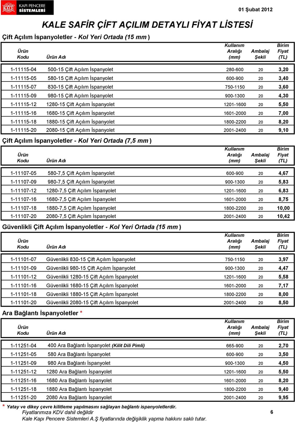 İspanyolet 16012000 20 7,00 11111518 188015 Çift Açılım İspanyolet 18002200 20 8,20 11111520 208015 Çift Açılım İspanyolet 20012400 20 9,10 Çift Açılım İspanyoletler Kol Yeri Ortada (7,5 mm )