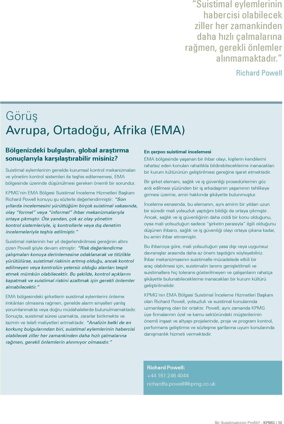 Suistimal eylemlerinin genelde kurumsal kontrol mekanizmaları ve yönetim kontrol sistemleri ile teşhis edilememesi, EMA bölgesinde üzerinde düşünülmesi gereken önemli bir sorundur.