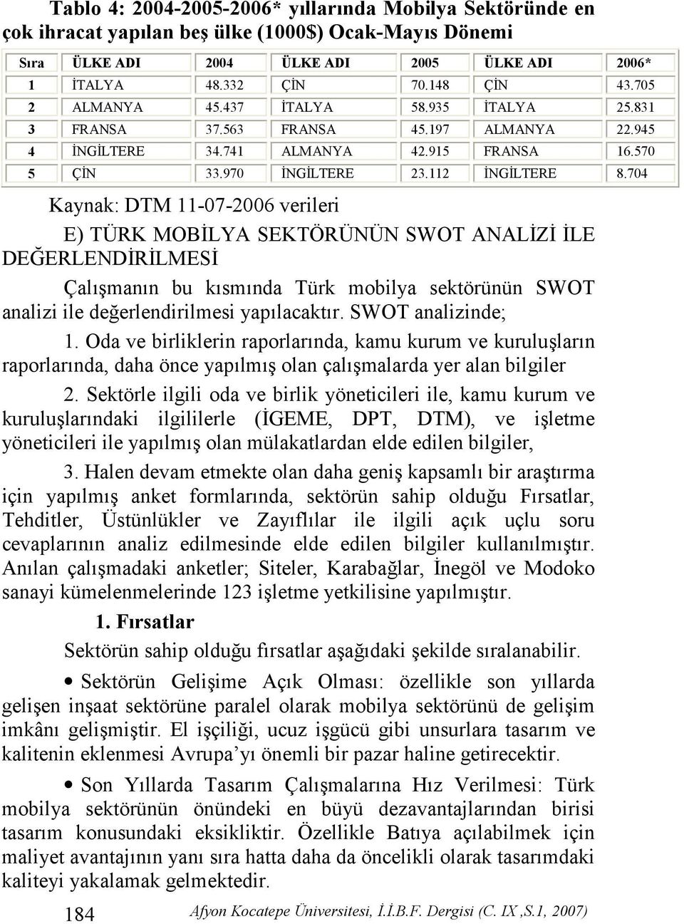 704 Kaynak: DTM 11-07-2006 verileri E) TÜRK MOB(LYA SEKTÖRÜNÜN SWOT ANAL(Z( (LE DEZERLEND(R(LMES( Çalmann bu ksmnda Türk mobilya sektörünün SWOT analizi ile de'erlendirilmesi yaplacaktr.