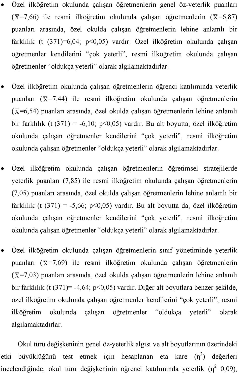 Özel ilköğretim okulunda çalışan öğretmenler kendilerini çok yeterli, resmi ilköğretim okulunda çalışan öğretmenler oldukça yeterli olarak algılamaktadırlar.