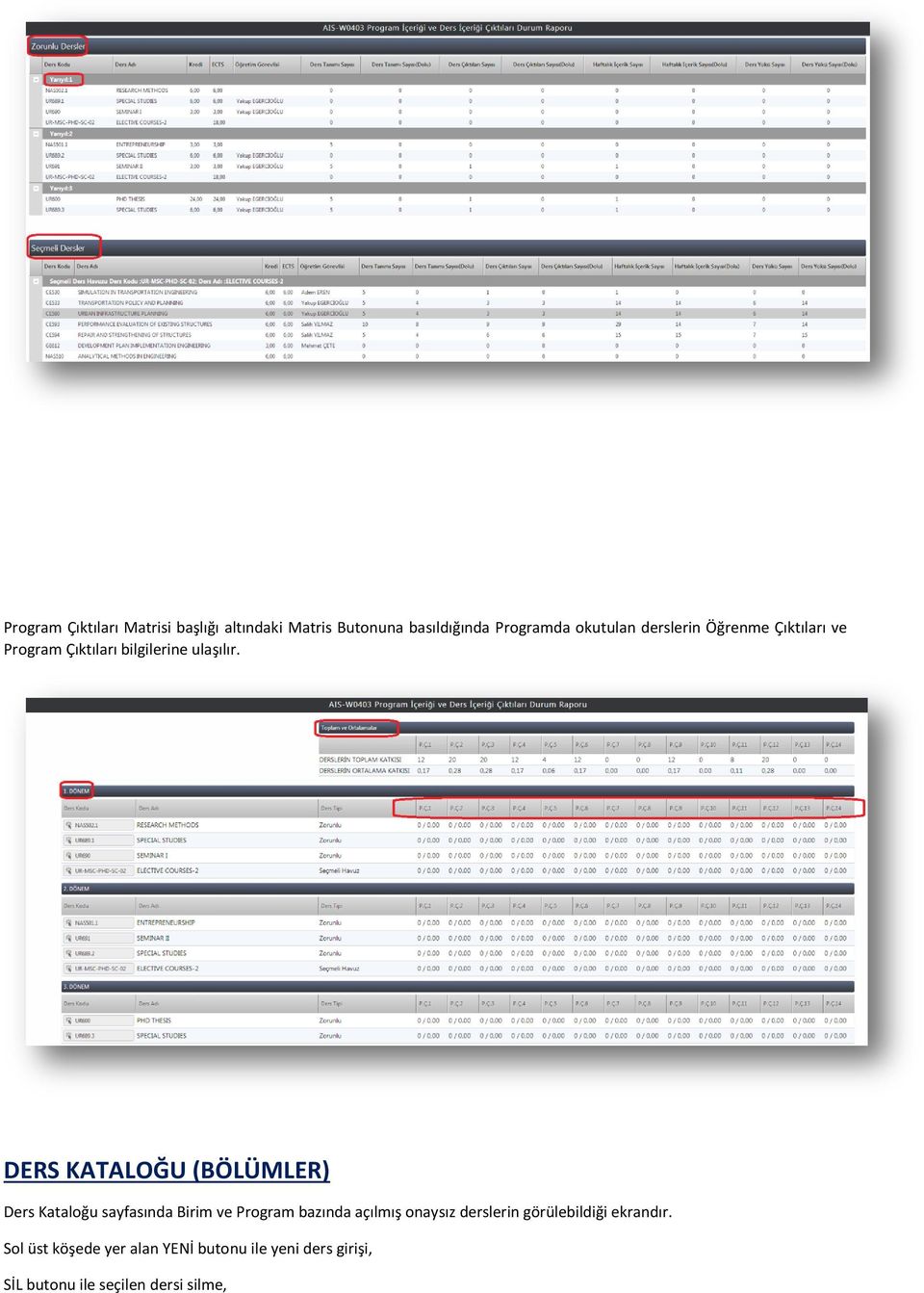 DERS KATALOĞU (BÖLÜMLER) Ders Kataloğu sayfasında Birim ve Program bazında açılmış onaysız