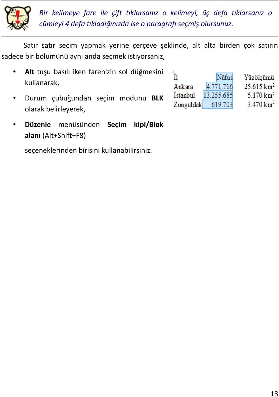 Satır satır seçim yapmak yerine çerçeve şeklinde, alt alta birden çok satırın sadece bir bölümünü aynı anda seçmek