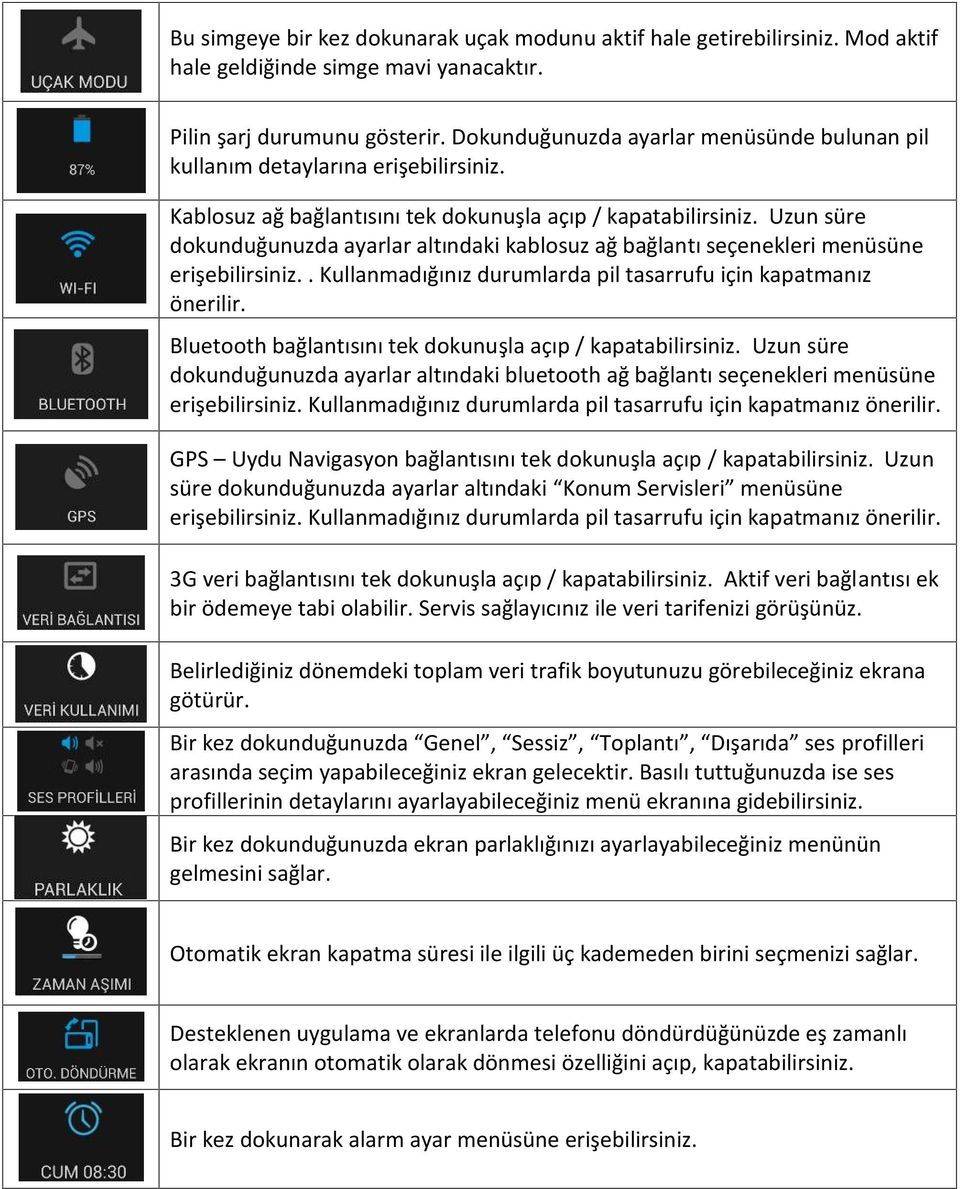 Uzun süre dokunduğunuzda ayarlar altındaki kablosuz ağ bağlantı seçenekleri menüsüne erişebilirsiniz.. Kullanmadığınız durumlarda pil tasarrufu için kapatmanız önerilir.