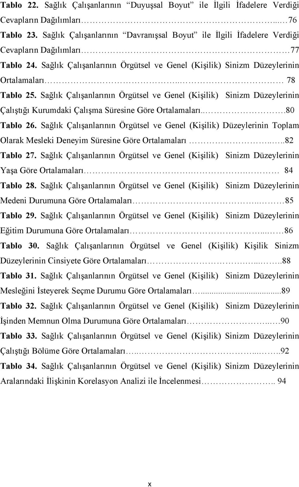 . 78 Tablo 25. Sağlık Çalışanlarının Örgütsel ve Genel (Kişilik) Sinizm Düzeylerinin Çalıştığı Kurumdaki Çalışma Süresine Göre Ortalamaları...80 Tablo 26.