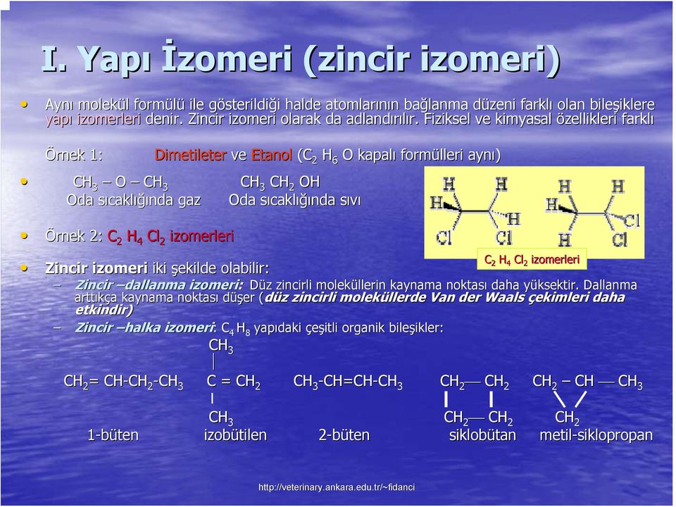 2 4 Cl 2 izomerleri Zincir izomeri iki şekilde olabilir: Zincir dallanma izomeri: Düz zincirli moleküllerin kaynama noktası daha yüksektir.