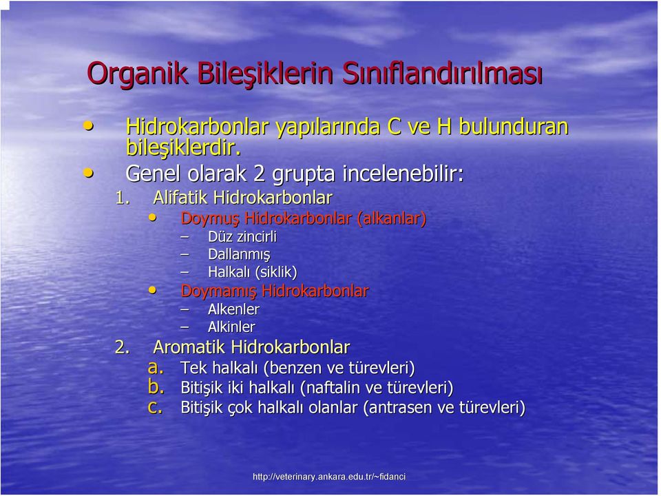 Alifatik idrokarbonlar Doymuş idrokarbonlar (alkanlar) Düz zincirli Dallanmış alkalı (siklik) Doymamış