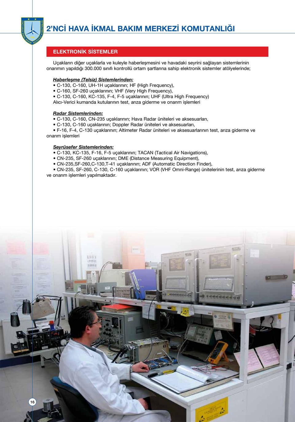 rının; VHF (Very High Fre qu ency), C-130, C-160, KC-135, F-4, F-5 uçak la rı nın; UHF (Ul tra High Fre qu ency) Alıcı-Verici kumanda kutularının test, arıza giderme ve onarım işlemleri Radar