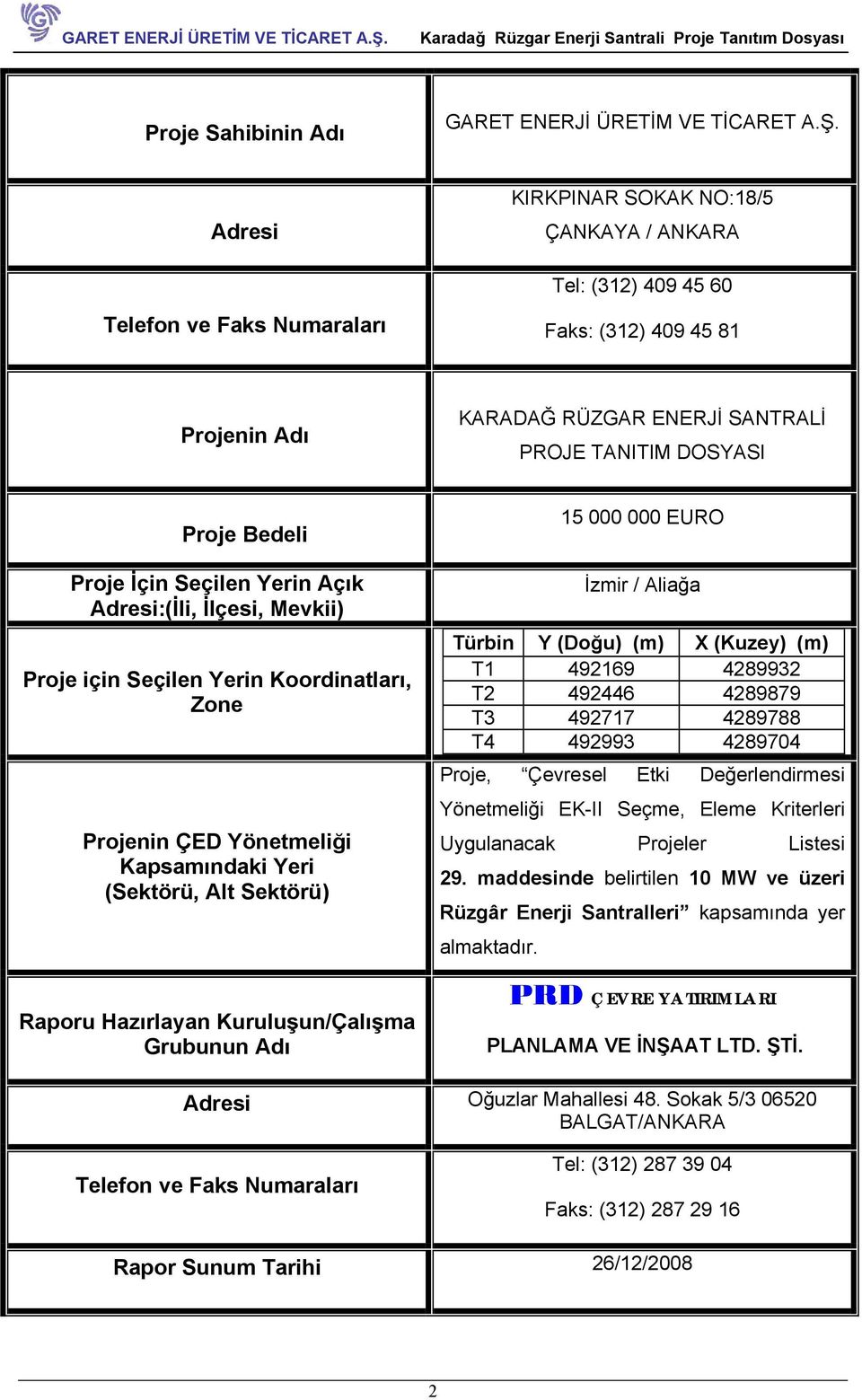 Proje İçin Seçilen Yerin Açık Adresi:(İli, İlçesi, Mevkii) Proje için Seçilen Yerin Koordinatları, Zone Projenin ÇED Yönetmeliği Kapsamındaki Yeri (Sektörü, Alt Sektörü) Raporu Hazırlayan