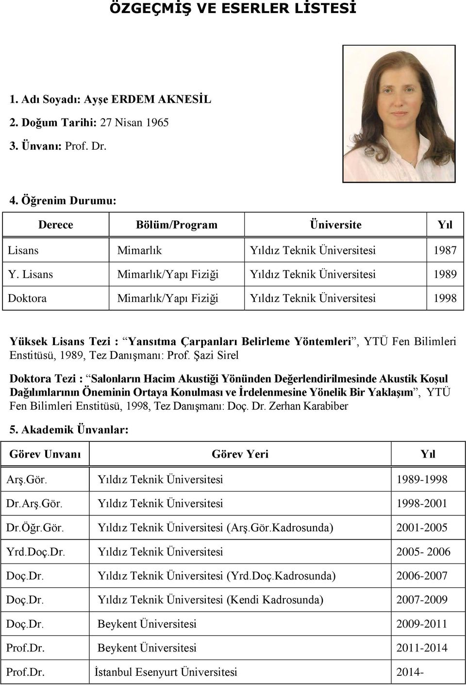 Lisans Mimarlık/Yapı Fiziği Yıldız Teknik Üniversitesi 1989 Doktora Mimarlık/Yapı Fiziği Yıldız Teknik Üniversitesi 1998 Yüksek Lisans Tezi : Yansıtma Çarpanları Belirleme Yöntemleri, YTÜ Fen