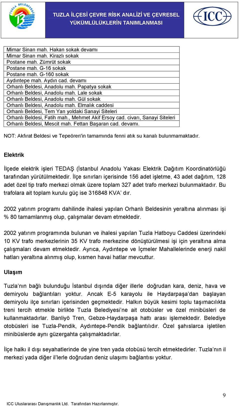 Elmalık caddesi Orhanlı Beldesi, Tem Yan yoldaki Sanayi Siteleri Orhanlı Beldesi, Fatih mah., Mehmet Akif Ersoy cad. civarı, Sanayi Siteleri Orhanlı Beldesi, Mescit mah. Fettan Başaran cad. devamı.