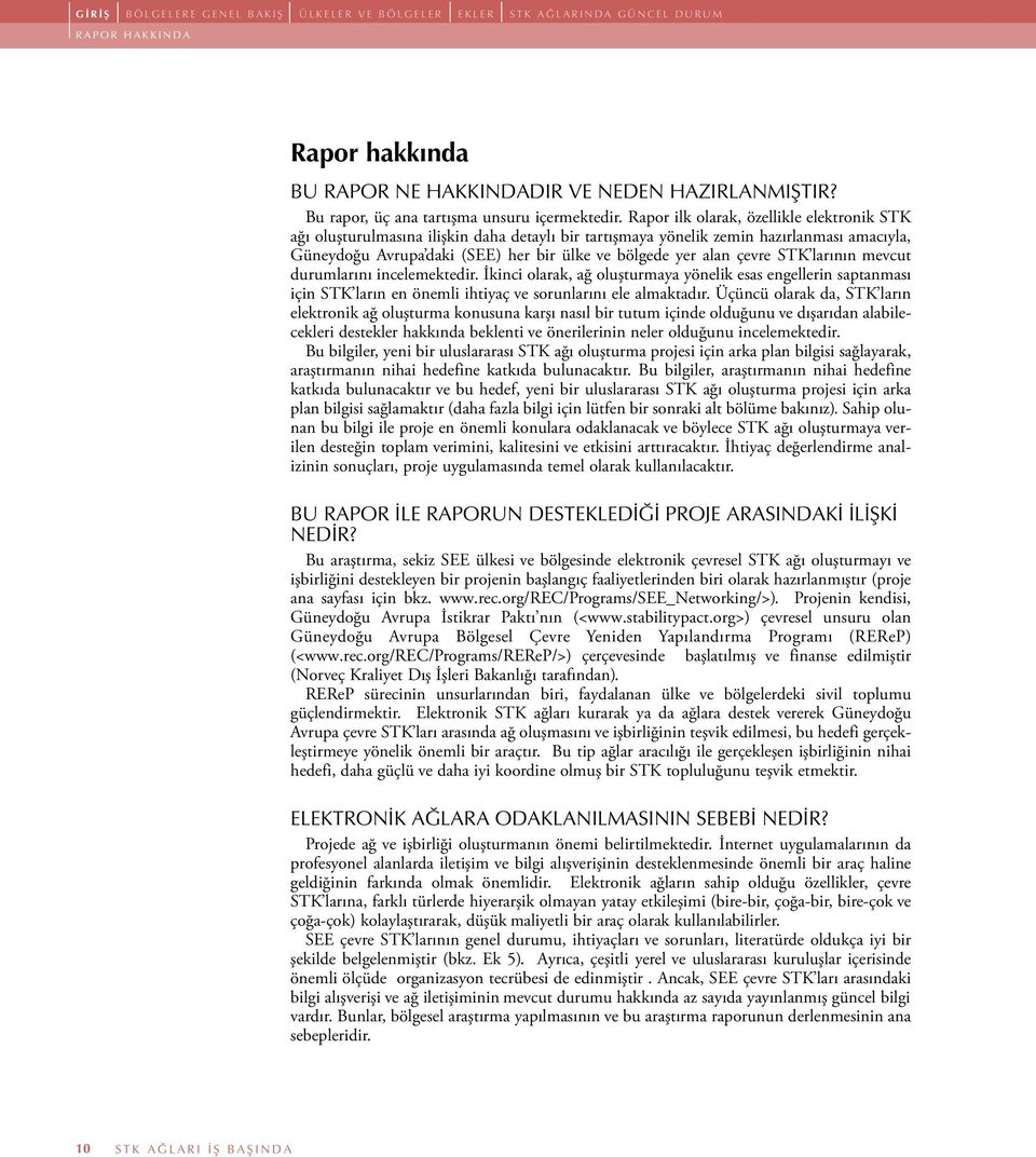 Rapor ilk olarak, özellikle elektronik STK ağı oluşturulmasına ilişkin daha detaylı bir tartışmaya yönelik zemin hazırlanması amacıyla, Güneydoğu Avrupa daki (SEE) her bir ülke ve bölgede yer alan