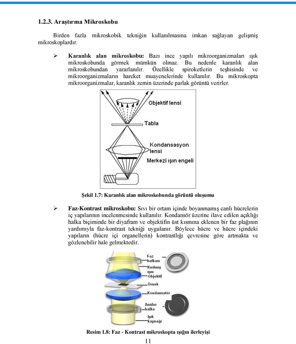 Özellikle spiroketlerin teģhisinde ve mikroorganizmaların hareket muayenelerinde kullanılır. Bu mikroskopta mikroorganizmalar, karanlık zemin üzerinde parlak görüntü verirler. ġekil 1.