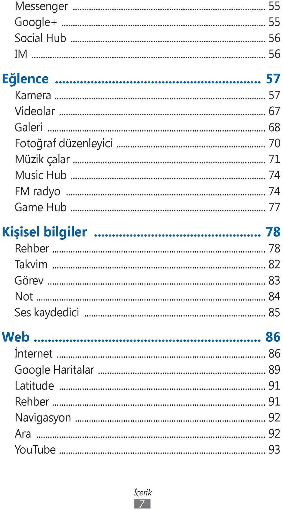 .. 77 Kişisel bilgiler... 78 Rehber... 78 Takvim... 82 Görev... 83 Not... 84 Ses kaydedici... 85 Web.