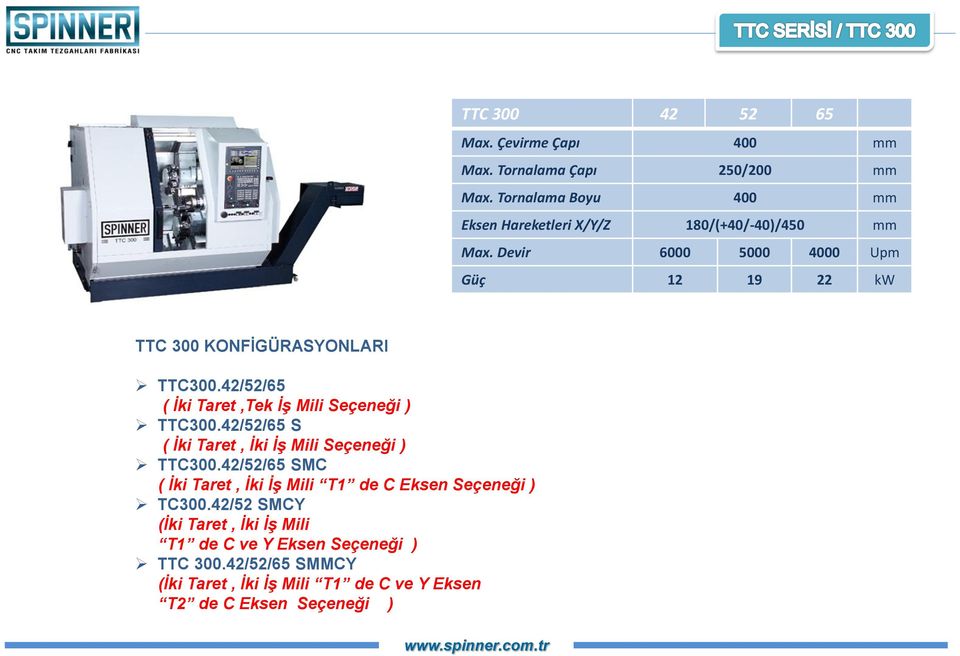 Devir 6000 5000 4000 Upm Güç 12 19 22 kw TTC 300 KONFİGÜRASYONLARI TTC300.42/52/65 ( İki Taret,Tek İş Mili Seçeneği ) TTC300.