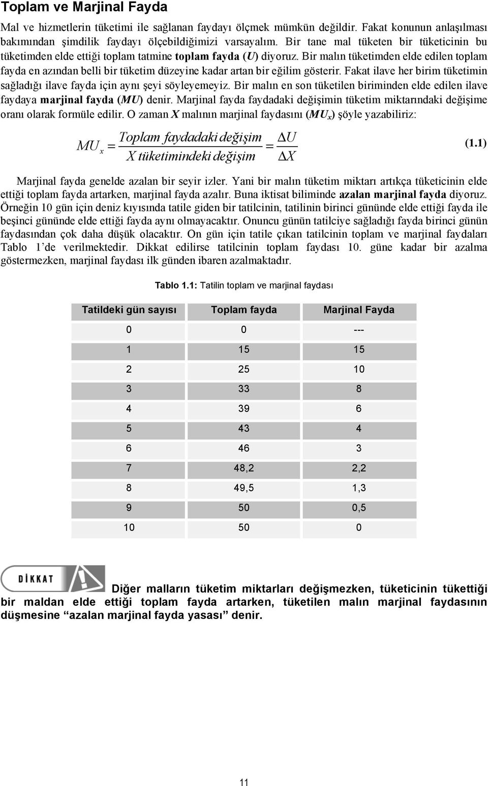 Bir malın tüketimden elde edilen toplam fayda en azından belli bir tüketim düzeyine kadar artan bir eğilim gösterir. Fakat ilave her birim tüketimin sağladığı ilave fayda için aynı şeyi söyleyemeyiz.