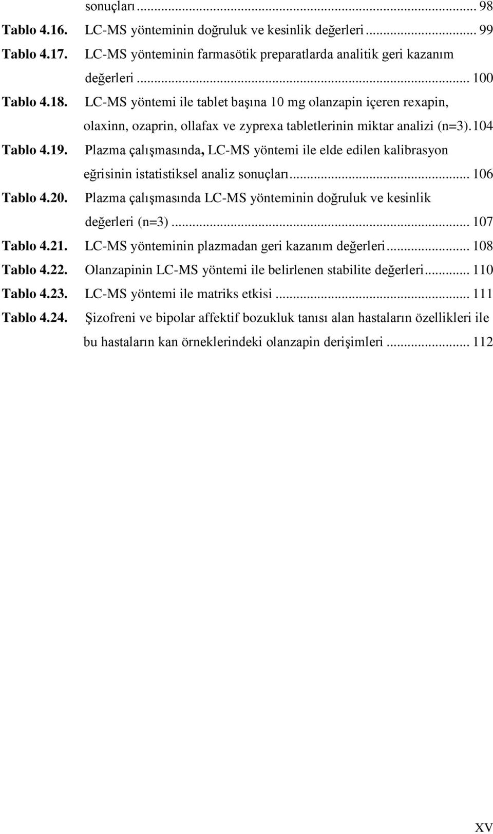 Plazma çalışmasında, LC-MS yöntemi ile elde edilen kalibrasyon eğrisinin istatistiksel analiz sonuçları... 106 Tablo 4.20. Plazma çalışmasında LC-MS yönteminin doğruluk ve kesinlik değerleri (n=3).