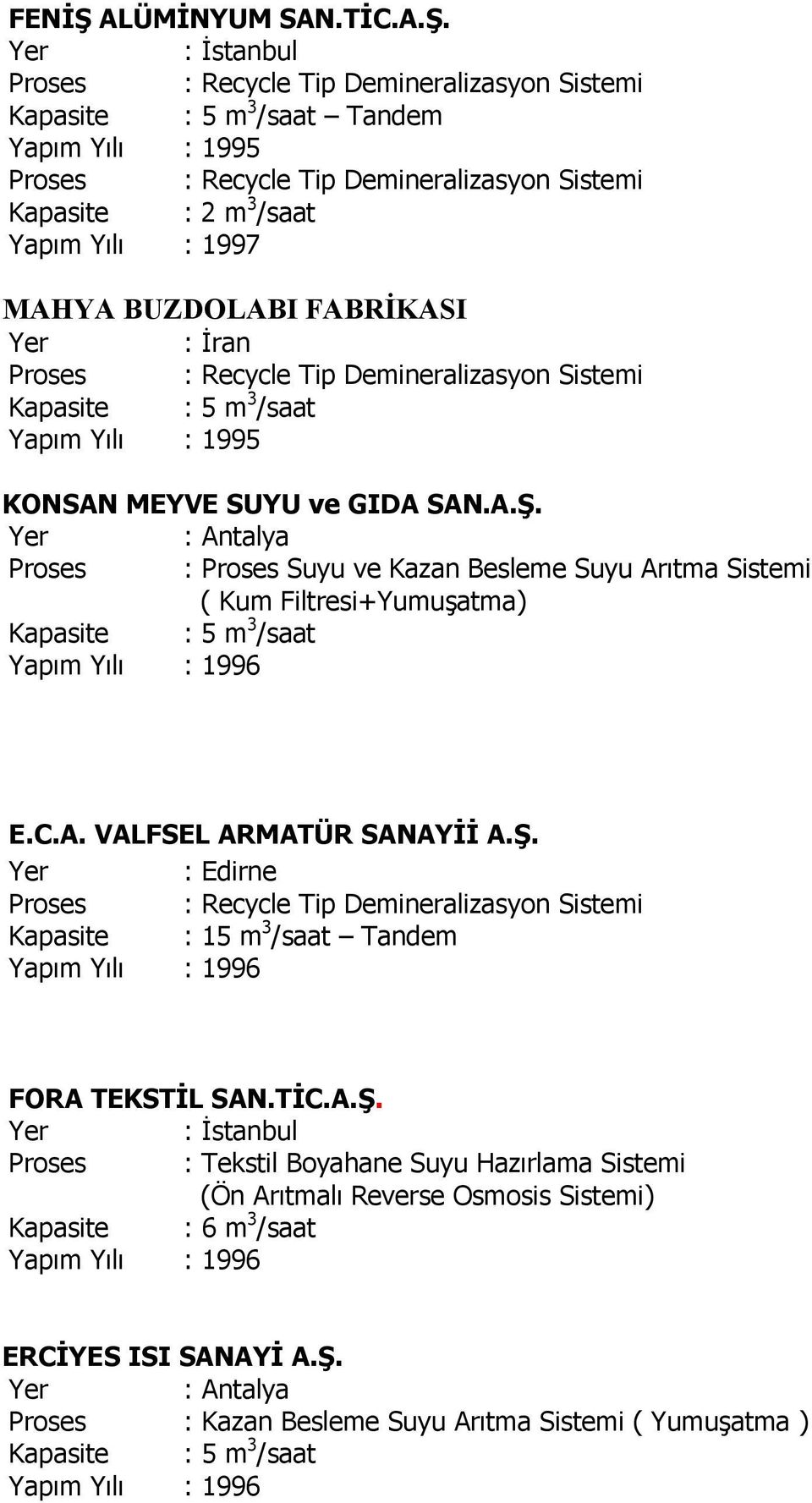 Kapasite : 5 m 3 /saat Tandem Yapım Yılı : 1995 Kapasite : 2 m 3 /saat Yapım Yılı : 1997 MAHYA BUZDOLABI FABRİKASI : İran Kapasite : 5 m 3 /saat Yapım Yılı : 1995 KONSAN MEYVE SUYU ve