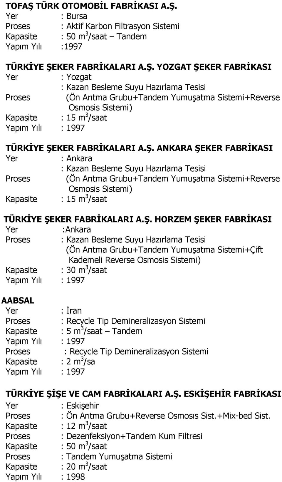 : Bursa Proses : Aktif Karbon Filtrasyon Sistemi Kapasite : 50 m 3 /saat Tandem Yapım Yılı :1997 TÜRKİYE ŞE