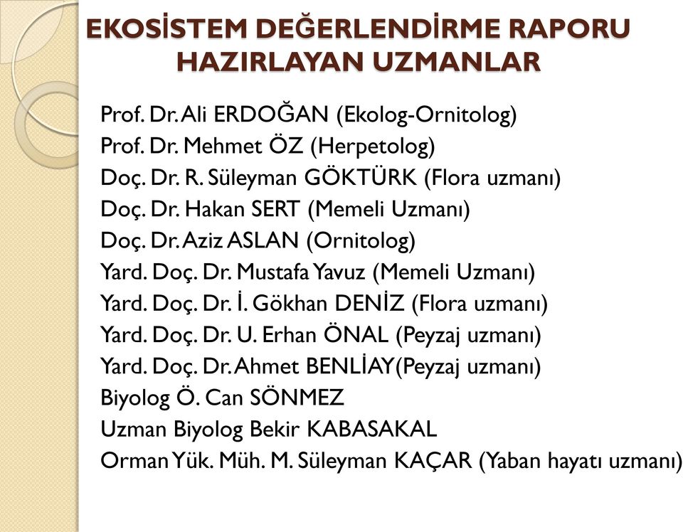 Doç. Dr. Ġ. Gökhan DENĠZ (Flora uzmanı) Yard. Doç. Dr. U. Erhan ÖNAL (Peyzaj uzmanı) Yard. Doç. Dr. Ahmet BENLĠAY(Peyzaj uzmanı) Biyolog Ö.