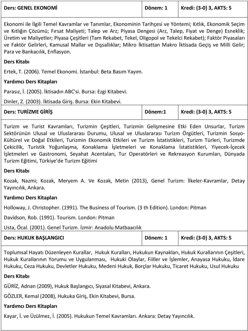 Mallar ve Dışsallıklar; Mikro İktisattan Makro İktisada Geçiş ve Milli Gelir; Para ve Bankacılık, Enflasyon. Ertek, T. (2006). Temel Ekonomi. İstanbul: Beta Basım Yayım. Parasız, İ. (2005).