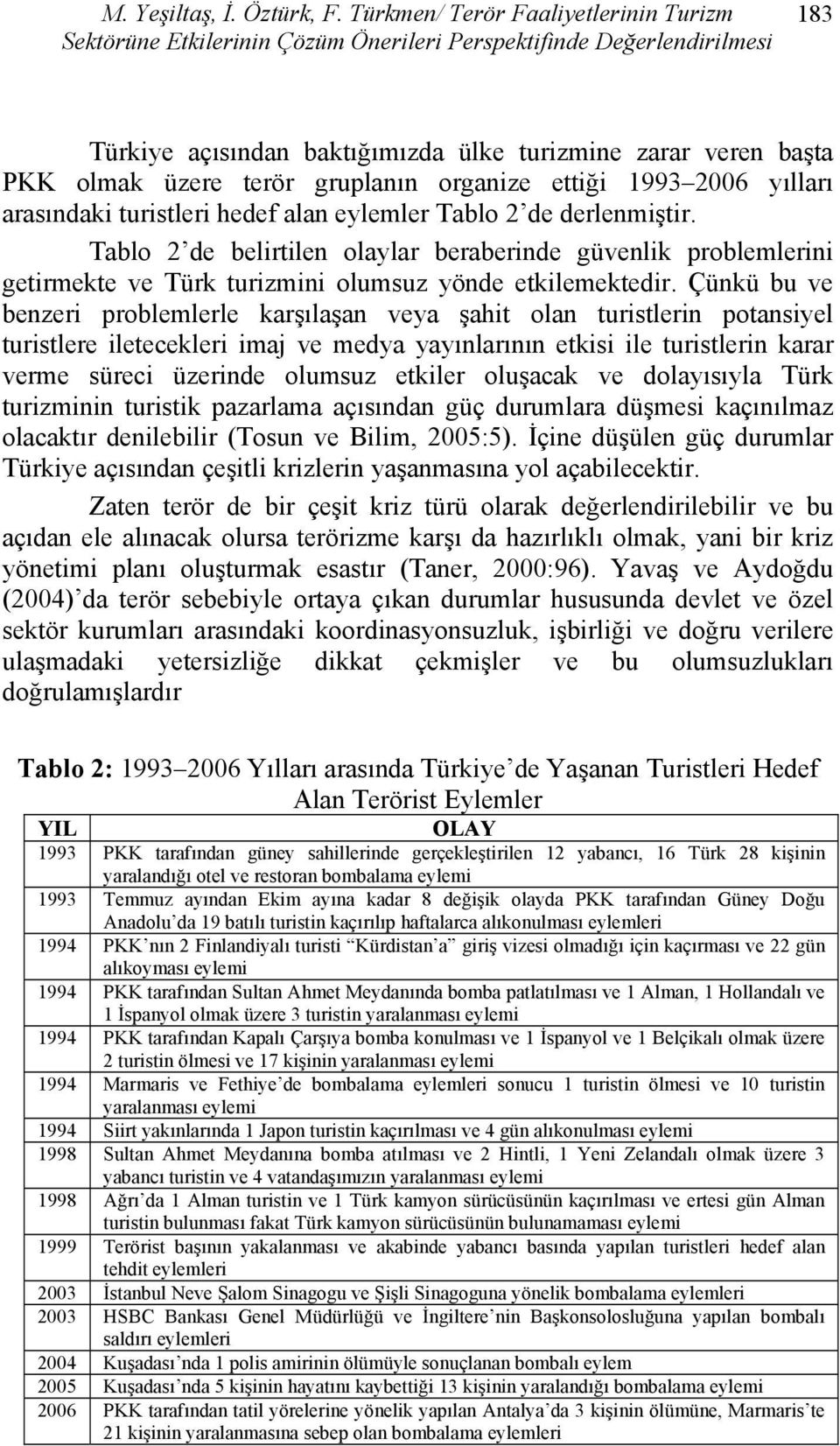 gruplanın organize ettiği 1993 2006 yılları arasındaki turistleri hedef alan eylemler Tablo 2 de derlenmiştir.