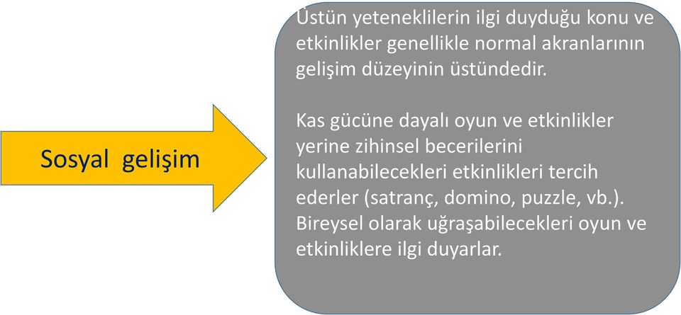 Sosyal gelişim Kas gücüne dayalı oyun ve etkinlikler yerine zihinsel becerilerini