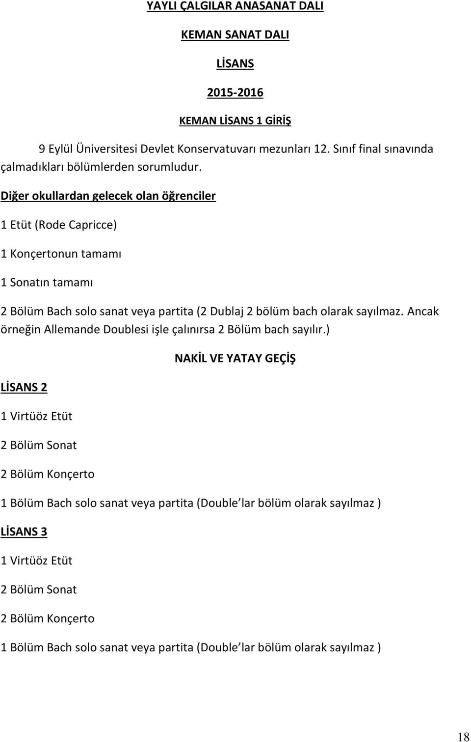 Diğer okullardan gelecek olan öğrenciler 1 Etüt (Rode Capricce) 1 Konçertonun tamamı 1 Sonatın tamamı 2 Bölüm Bach solo sanat veya partita (2 Dublaj 2 bölüm bach olarak sayılmaz.