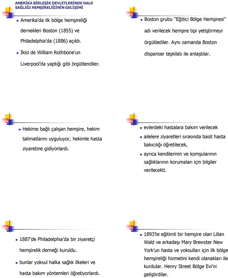 Liverpool da yaptığı gibi örgütlendiler. Hekime bağlı çalışan hemşire, hekim talimatlarını uyguluyor, hekimle hasta ziyaretine gidiyorlardı.